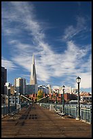 Wooden pier and Transamerica Pyramid, morning. San Francisco, California, USA (color)
