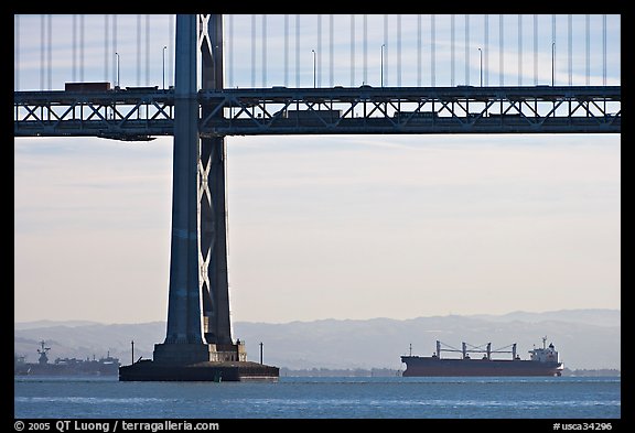 Tanker ship and Bay Bridge,  morning. San Francisco, California, USA (color)
