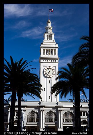 Clock tower of the Ferry building, modeled after the  Seville Cathedral. San Francisco, California, USA (color)