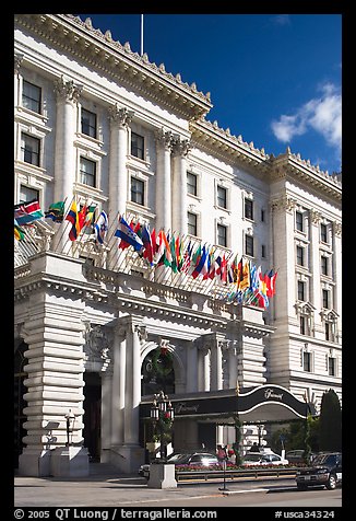 Fairmont Hotel and flags, early afternoon. San Francisco, California, USA