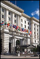 Fairmont Hotel and flags, early afternoon. San Francisco, California, USA