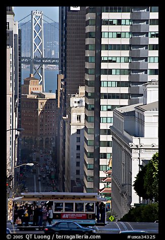 Cable-car, Chinatown, Financial District and Bay Bridge. San Francisco, California, USA