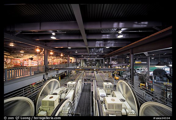 Wide inside view of historic cable car barn. San Francisco, California, USA (color)