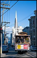 Cable car and Transamerica Pyramid. San Francisco, California, USA