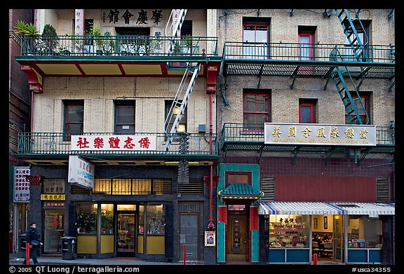 Shops and houses, Wawerly Alley, Chinatown. San Francisco, California, USA (color)