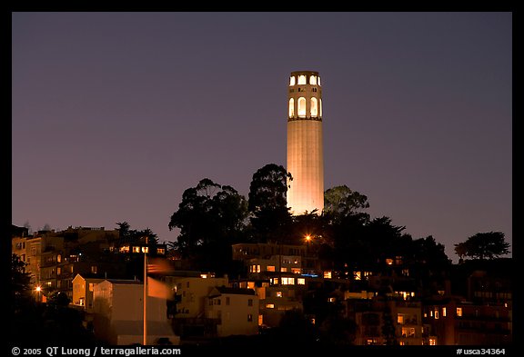 Coit Tower and Telegraph Hill at night. San Francisco, California, USA (color)