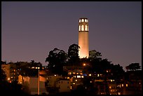 Coit Tower and Telegraph Hill at night. San Francisco, California, USA