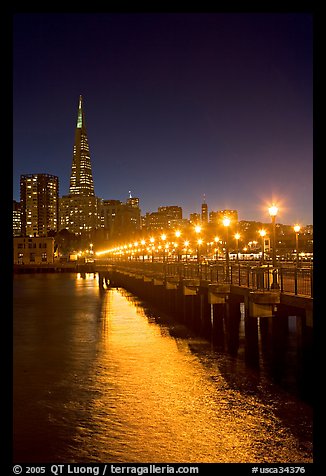 Lights and reflection, Pier seven, and Transamerica Pyramid. San Francisco, California, USA (color)