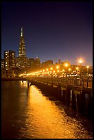 Lights and reflection, Pier seven, and Transamerica Pyramid. San Francisco, California, USA