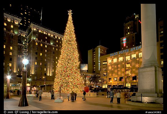 Christmas tree on Union Square at night. San Francisco, California, USA (color)