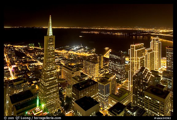 Transamerica Pyramid and Embarcadero Center from above at night. San Francisco, California, USA