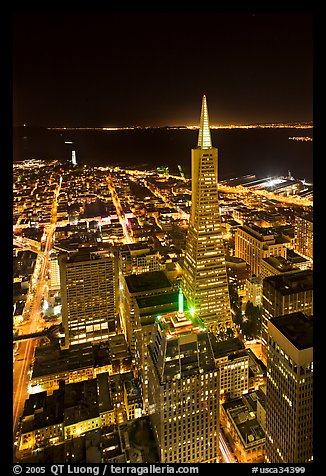 Transamerica Pyramid and Coit Tower, aerial view at night. San Francisco, California, USA (color)