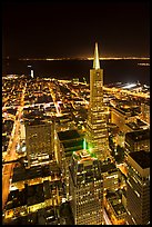 Transamerica Pyramid and Coit Tower, aerial view at night. San Francisco, California, USA ( color)