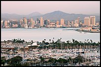 Skyline and San Diego Yacht Club,` from Point Loma, sunset. San Diego, California, USA