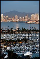 Marina, Shelter Island,  and skyline at dusk. San Diego, California, USA (color)