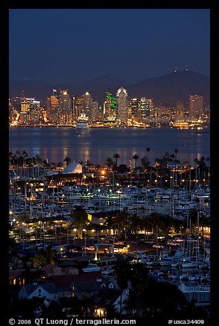 San Diego Yacht Club and skyline at night. San Diego, California, USA (color)