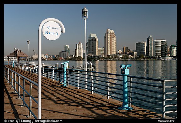 Sign, Ferry pier and skyline, Coronado. San Diego, California, USA