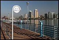 Sign, Ferry pier and skyline, Coronado. San Diego, California, USA