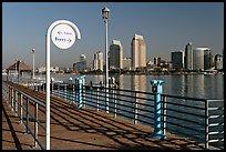 Sign, Ferry pier and skyline, Coronado. San Diego, California, USA (color)