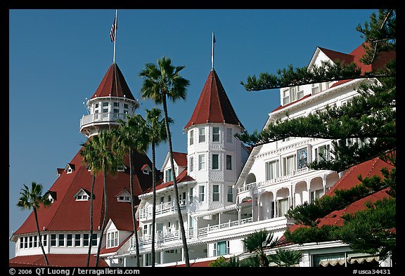 Turrets and towers of Hotel Del Coronado. San Diego, California, USA