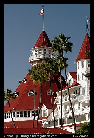 Towers and red roof of Hotel Del Coronado. San Diego, California, USA
