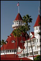 Towers and red roof of Hotel Del Coronado. San Diego, California, USA