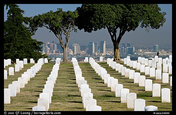 Rows of white gravestones and San Diego skyline, Point Loma. San Diego, California, USA