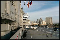 Flight deck and San Diego skyline seen from the USS Midway. San Diego, California, USA (color)