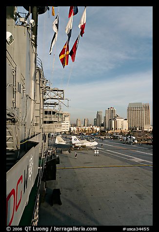 Flight deck seen from the island, San Diego Aircraft  carrier museum. San Diego, California, USA