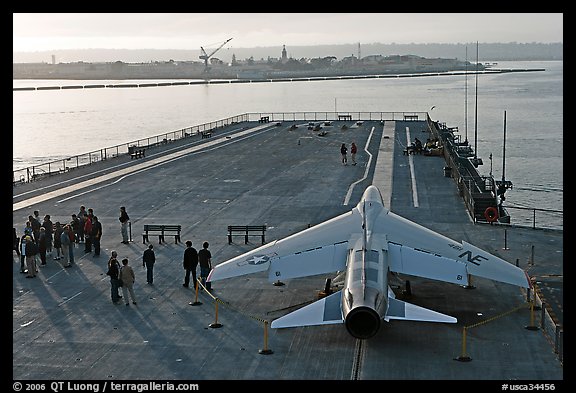 Plane in position at catapult, USS Midway aircraft carrier. San Diego, California, USA (color)