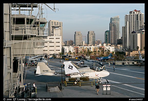 Flight control tower, aircraft, San Diego skyline, USS Midway aircraft carrier. San Diego, California, USA (color)