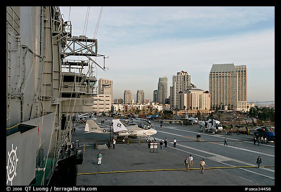 Flight control tower, flight deck, skyline, San Diego Aircraft  carrier museum. San Diego, California, USA (color)