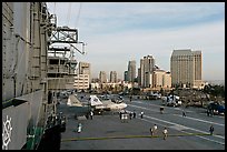 Flight control tower, flight deck, skyline, San Diego Aircraft  carrier museum. San Diego, California, USA (color)