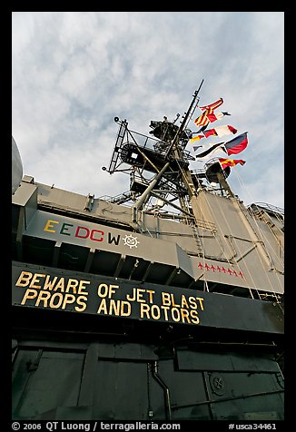 Island and flags,  USS Midway aircraft carrier. San Diego, California, USA (color)