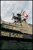 Island and flags,  USS Midway aircraft carrier. San Diego, California, USA (color)