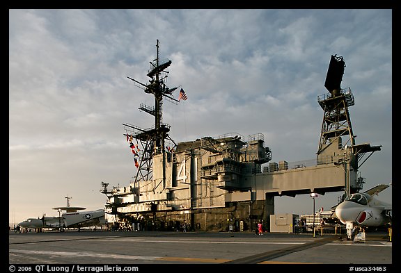 Flight deck and island, USS Midway aircraft carrier, late afternoon. San Diego, California, USA