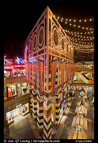 Palazzo in Horton Plaza at night. San Diego, California, USA (color)