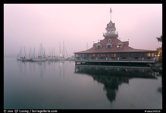 Boathouse and harbor in fog, sunrise, Coronado. San Diego, California, USA
