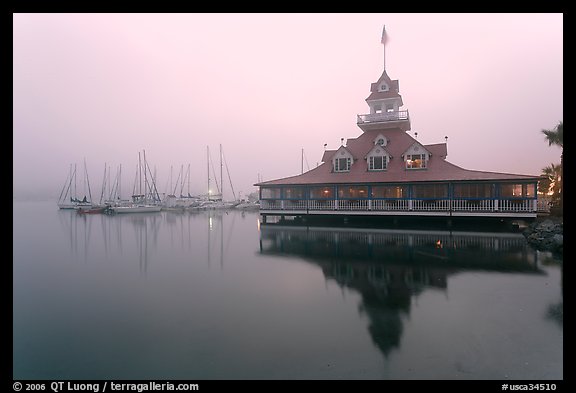 Boathouse and harbor in fog, sunrise, Coronado. San Diego, California, USA (color)