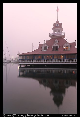 Boathouse restaurant in fog at sunrise, Coronado. San Diego, California, USA (color)