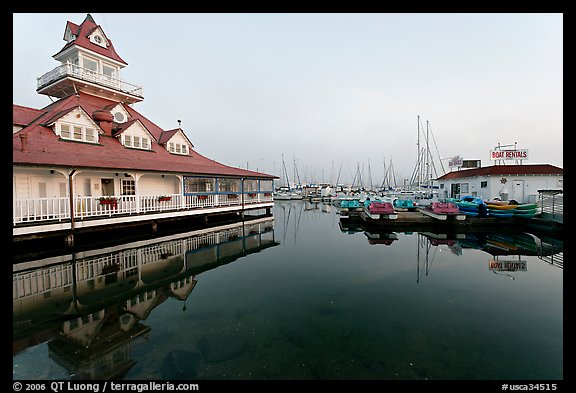 Period and modern boathouses, early morning, Coronado. San Diego, California, USA (color)