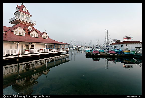 Period and modern boathouses, early morning, Coronado. San Diego, California, USA