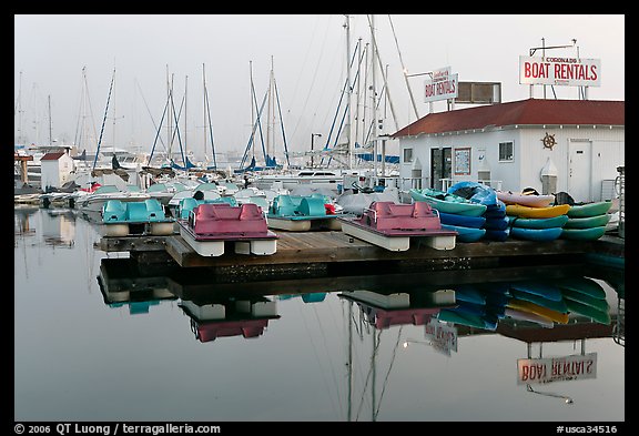 Boathouse and boats for rent, Coronado. San Diego, California, USA (color)