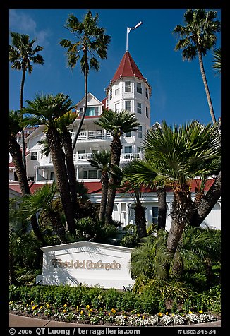 Sign, palm trees, and hotel Del Coronado. San Diego, California, USA (color)