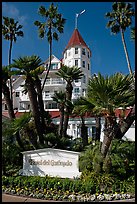 Sign, palm trees, and hotel Del Coronado. San Diego, California, USA ( color)