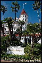 Sign, palm trees, and hotel Del Coronado. San Diego, California, USA (color)