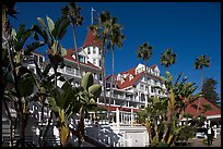Del Coronado hotel framed by palm trees. San Diego, California, USA