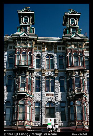 Twin towers of the Louis Bank of Commerce in baroque revival style,  Gaslamp quarter. San Diego, California, USA (color)