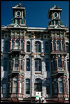 Twin towers of the Louis Bank of Commerce in baroque revival style,  Gaslamp quarter. San Diego, California, USA