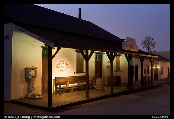 Historic building at night, Old Town State Historic Park. San Diego, California, USA